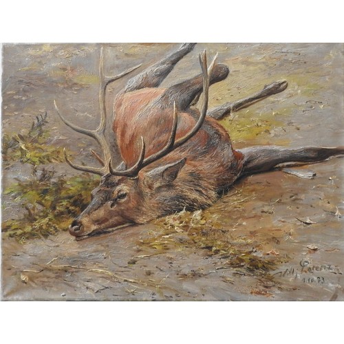 181 - WILHELM LORENZ (1901-1981) OIL PAINTING ON CANVAS, depicting a fallen stag, signed and dated, unfram... 