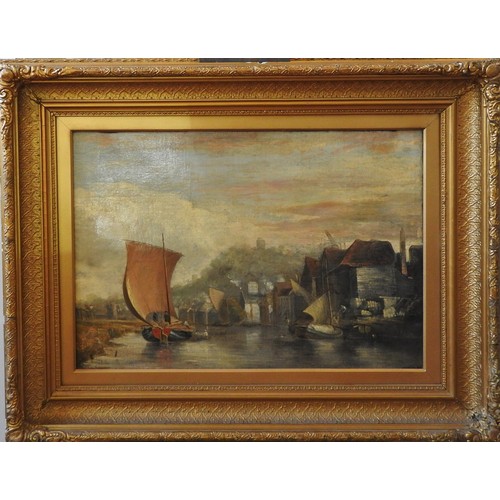 195 - 19TH CENTURY OIL PAINTING ON CANVAS, barges approaching the quay with castle beyond51 x 74 cm