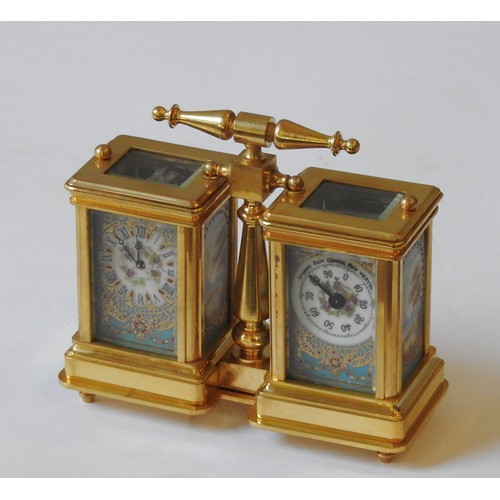 123 - A FRENCH STYLE DOUBLE CARRIAGE CLOCK / BAROMETER, brass body inset with landscape decorated porcelai... 