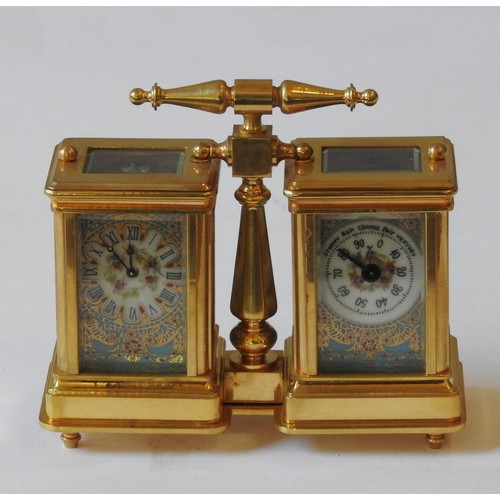 123 - A FRENCH STYLE DOUBLE CARRIAGE CLOCK / BAROMETER, brass body inset with landscape decorated porcelai... 