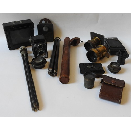 92 - A BOX OF MIXED VINTAGE CAMERA BODIES, LENSES AND TRIPODS