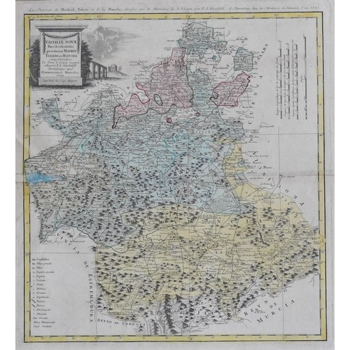 109 - A HAND COLOURED MAP OF MADRID, TOLEDO AND LA MANCHA, mounted, bears the date 1781, by E.L Gusfefeld,... 