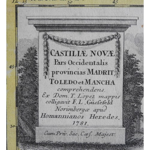 109 - A HAND COLOURED MAP OF MADRID, TOLEDO AND LA MANCHA, mounted, bears the date 1781, by E.L Gusfefeld,... 