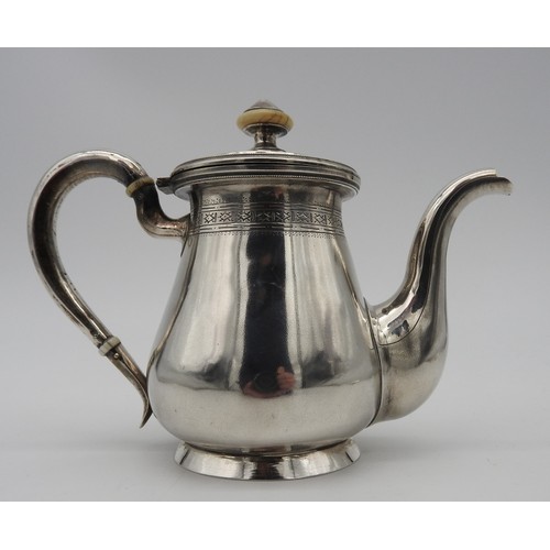 423 - A 19TH CENTURY FRENCH SILVER TEAPOT, circa 1896, baluster form with stepped beaded edge lid surmount... 