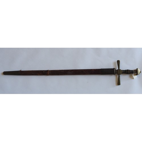 98 - A THEATRICAL REPLICA OF A GERMAN SWORD, cruciform hilt stamped 'K.2:5', with leather and metal wire ... 