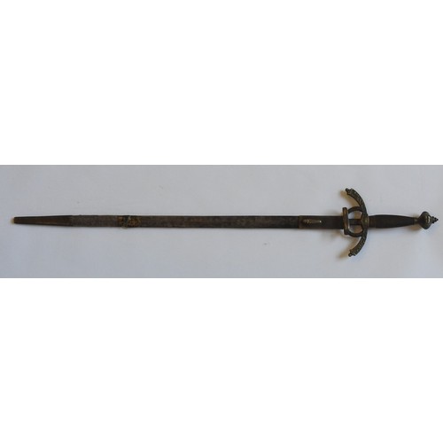 102 - A THEATRICAL REPLICA OF A GERMANIC SWORD, curved hilt with scroll decoration, decorated bulbous pomm... 