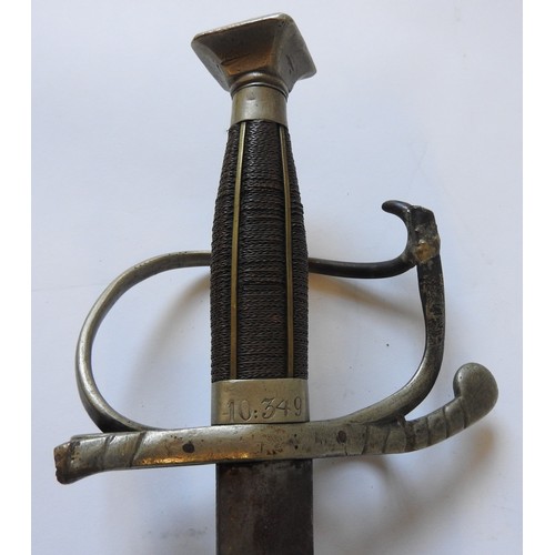 104 - A THEATRICAL REPLICA RAPIER SWORD, scroll basket hilt, metal wire grip and square form pommel, stamp... 