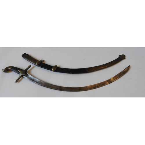 106 - A THEATRICAL REPLICA OF A PERSIAN SHAMSHIR SWORD, studded leather grip, right angled pommel, in a le... 