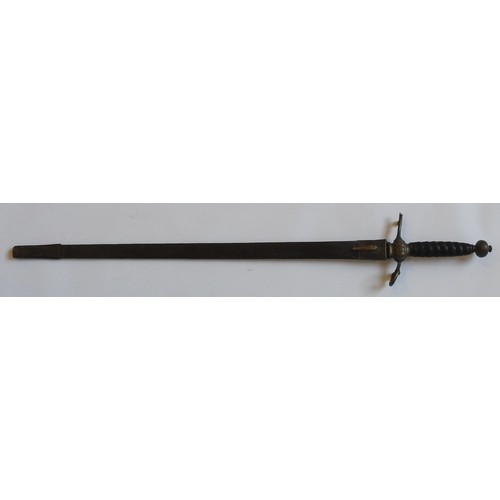 107 - A THEATRICAL REPLICA OF A EUROPEAN SWORD, scroll hilt, leather and metal wire grip and a globular po... 