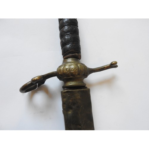 107 - A THEATRICAL REPLICA OF A EUROPEAN SWORD, scroll hilt, leather and metal wire grip and a globular po... 