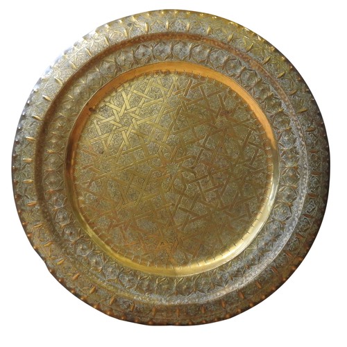 103 - A LARGE ISLAMIC DECORATED BRASS TRAY, , 79 cm diameter