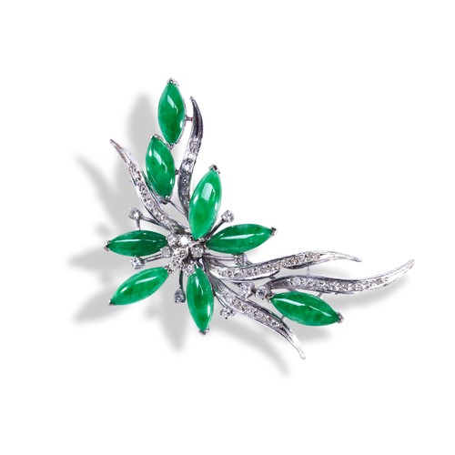 145 - A JADEITE AND DIAMOND SPRAY BROOCH, CIRCA 1960the trailing leaves set with brilliant-cut diamonds an... 