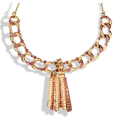 94 - AN INDIAN SPLIT PEARL AND RUBY NECKLACEalternating split seed pearl and ruby set articulated  ‘C’ sc... 