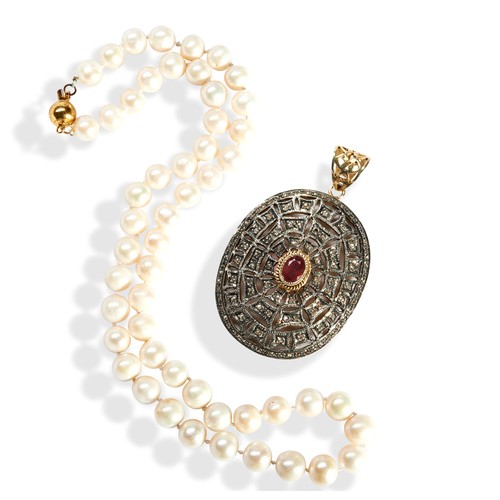 86 - A CULTURED PEARL NECKLACE AND GLASS FILLED RUBY AND DIAMOND PENDANT a row of cultured pearls with a ... 