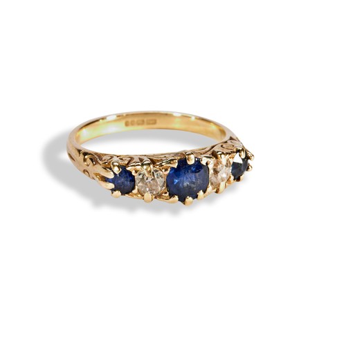 90 - A DIAMOND AND SAPPHIRE FIVE STONE RINGclaw set with three mixed cut sapphires and two old cut diamon... 