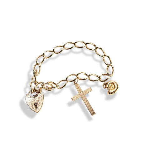 110 - A 9CT GOLD CHARM BRACELETof curb chain design with heart padlock and two loose charms, a cross and s... 