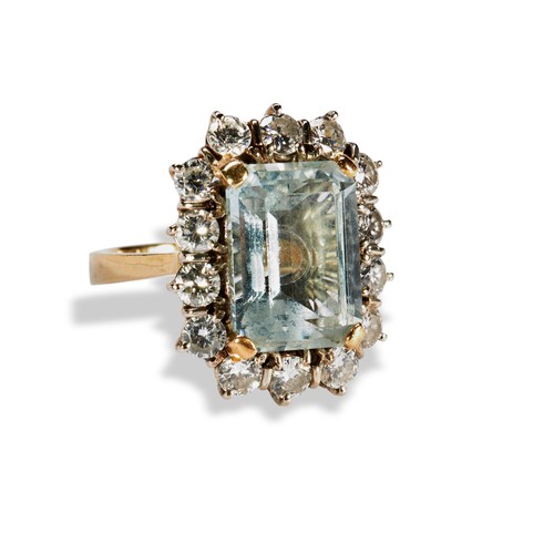 49 - AN AQUAMARINE AND DIAMOND RINGthe emerald cut, cut corner claw set aquamarine, surrounded by 14, cla... 
