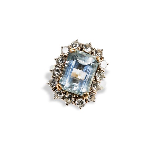 49 - AN AQUAMARINE AND DIAMOND RINGthe emerald cut, cut corner claw set aquamarine, surrounded by 14, cla... 