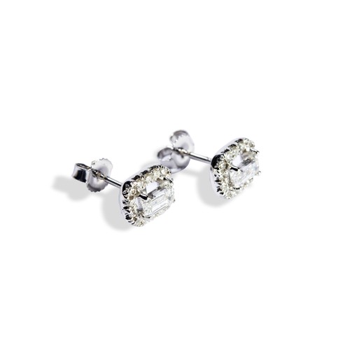 133 - A PAIR OF DIAMOND CLUSTER STUD EARRINGSeach emerald cut diamond set with four claws in a halo of bri... 