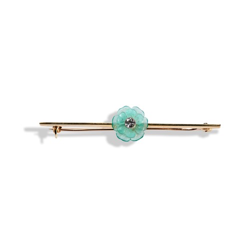 129 - A DIAMOND AND CHALCEDONY BAR BROOCHa carved chalcedony flower with central round old cut diamond on ... 