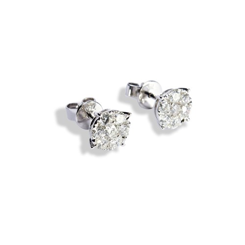 134 - A PAIR OF DIAMOND FLOWER CLUSTER STUD EARRINGSeach brilliant-cut diamond surrounded with six brillia... 