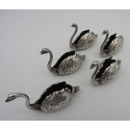 296 - A SET OF FIVE NOVELTY SILVER SALTS,  in the form of swans, each salt bears the mark of J.B Chatterly... 