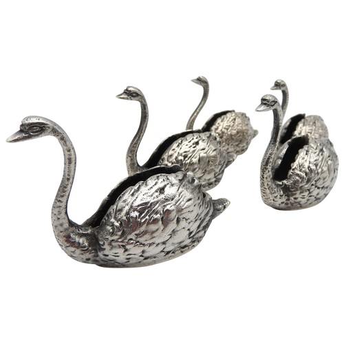 296 - A SET OF FIVE NOVELTY SILVER SALTS,  in the form of swans, each salt bears the mark of J.B Chatterly... 