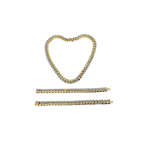 113 - A DIAMOND AND BI-COLOURED NECKLACE AND TWO BRACELETS SET all of a heavy flat curb with half of each ... 