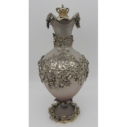 301 - AN IMPRESSIVE PAIR OF VICTORIAN SILVER MOUNTED CLARET JUGS AND STANDSJAMES SAMUEL HUNT, LONDON 1844,... 