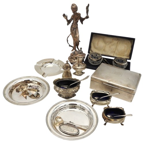 294 - A QUANTITY OF MIXED SILVERWARE, including a figurine, silver covered cigarette box, pair of sweet me... 