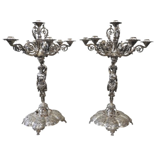 298 - A GOOD PAIR OF LATE VICTORIAN SILVER CANDELABRA JOHN NEWTON MAPPIN, LONDON 1888the ornate outscrolli... 