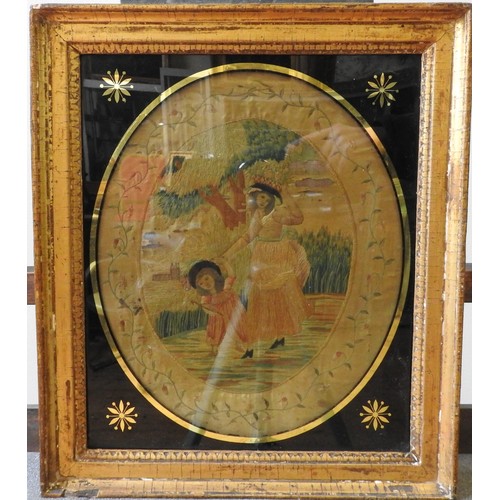 250 - AN 18TH CENTURY NEEDLEPOINT PICTURE OF MOTHER AND DAUGHTER, in a rural setting with church beyond, t... 