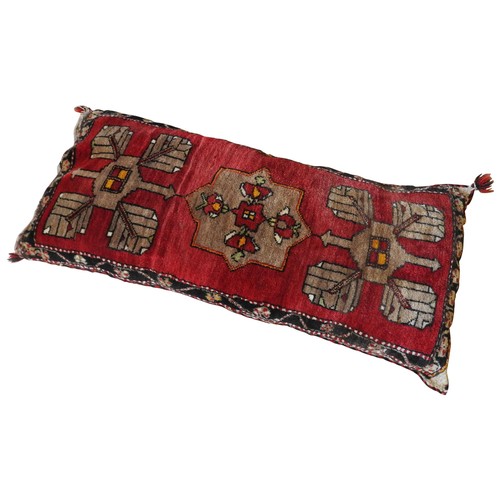 114 - A PERSIAN HAND KNOTTED KHELIM CUSHION, blue border with fawn geometric patterns on a red ground115 x... 