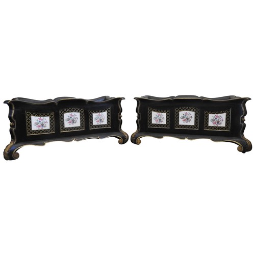 50 - A PAIR OF 19TH CENTURY EBONISED JARDINIERES INSET WITH FAMILLE ROSE PANELS, elegant gilded scroll ed... 