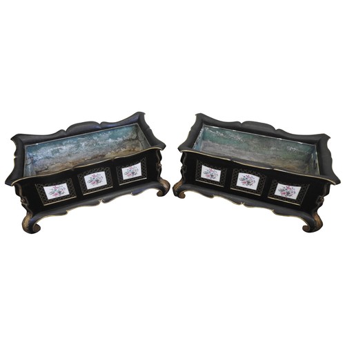 50 - A PAIR OF 19TH CENTURY EBONISED JARDINIERES INSET WITH FAMILLE ROSE PANELS, elegant gilded scroll ed... 