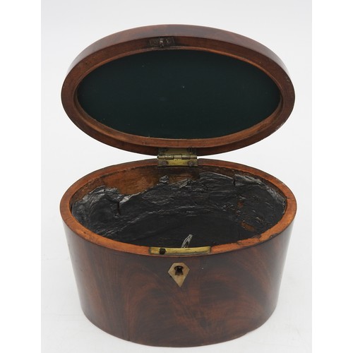 210 - A GEORGE III MAHOGANY TEA CADDY, CIRCA 1820, simplistic oval form with hinged lid