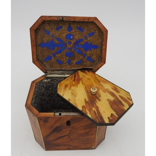 211 - AN TORTOISESHELL TEA CADDY, EARLY 19TH CENTURY, rectangular form with canted corners, hinged dome to... 