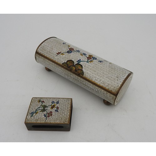 209 - A CLOISONNE CIGARETTE BOX AND MATCHBOX HOLDER, ovoid form box with hinged domed lid enclosing an int... 