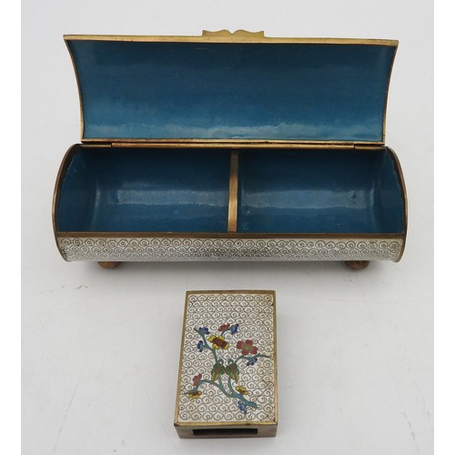 209 - A CLOISONNE CIGARETTE BOX AND MATCHBOX HOLDER, ovoid form box with hinged domed lid enclosing an int... 