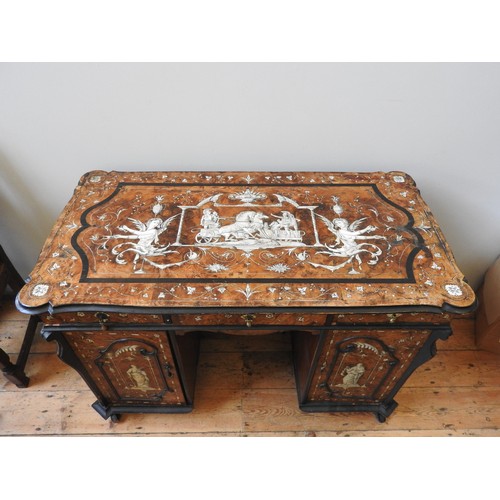 86 - AN IMPRESSIVE ITALIAN WALNUT AND IVORY INLAID TWIN PEDESTAL DESK, 18TH CENTURYHighly decorated top i... 