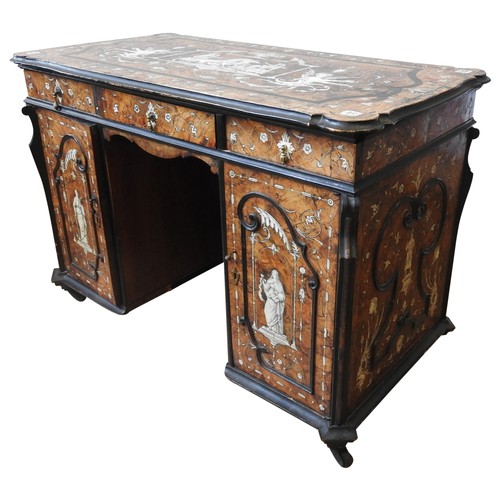 86 - AN IMPRESSIVE ITALIAN WALNUT AND IVORY INLAID TWIN PEDESTAL DESK, 18TH CENTURYHighly decorated top i... 