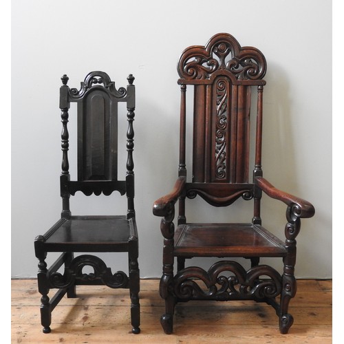 78 - EIGHT LATE 17TH CENTURY OAK HIGH BACK CHAIRS, comprised of an impressive armchair with pierced scrol... 