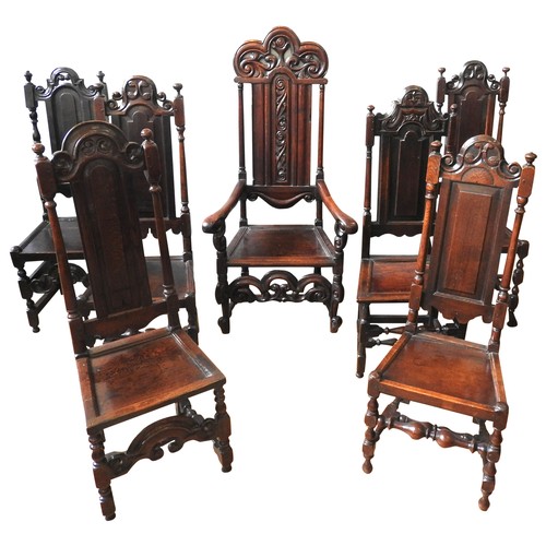 78 - EIGHT LATE 17TH CENTURY OAK HIGH BACK CHAIRS, comprised of an impressive armchair with pierced scrol... 