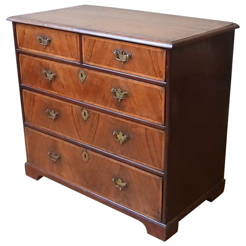 73 - AN 18TH CENTURY WALNUT CROSS BANDED PROVINCIAL CHEST OF DRAWERS, CIRCA 1780, moulded plinth top, two... 