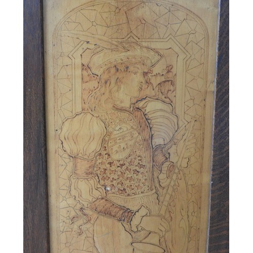 286 - A SET OF FIVE ARTS & CRAFTS PANELS, each panel decorated with a Shakespearean style full length ... 