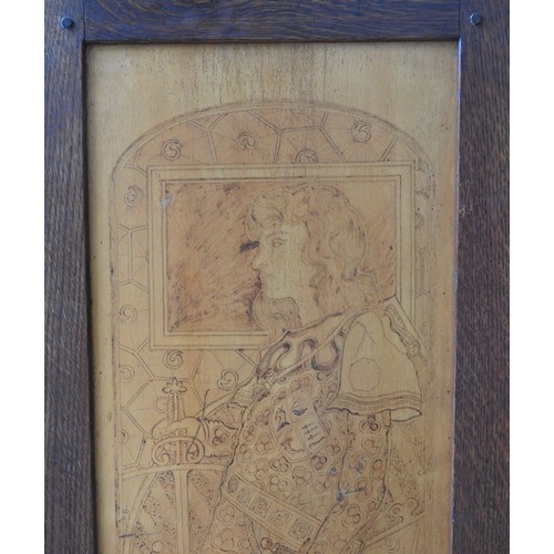 286 - A SET OF FIVE ARTS & CRAFTS PANELS, each panel decorated with a Shakespearean style full length ... 