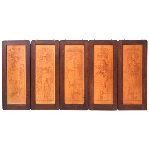 286 - A SET OF FIVE ARTS & CRAFTS PANELS, each panel decorated with a Shakespearean style full length ... 