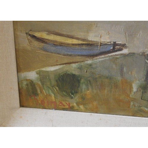 256 - ROBERT BOINAY (1918-1987) MID CENTURY OIL PAINTING ON CANVAS OF RIVER SCENE, with church and other b... 