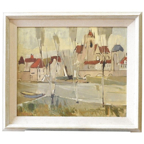 256 - ROBERT BOINAY (1918-1987) MID CENTURY OIL PAINTING ON CANVAS OF RIVER SCENE, with church and other b... 