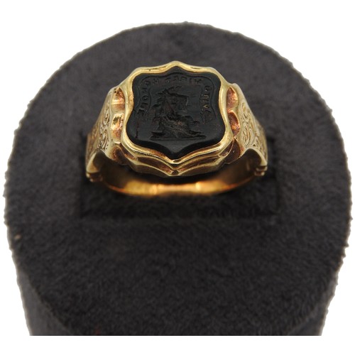 308 - A 15CT GOLD AND BLOODSTONE INTAGLIO SIGNET RING, 19TH CENTURY, the cartouche setting inset with bloo... 